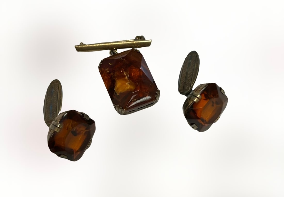 Vintage Amber Sterling Silver Pin and Cufflinks Set (1 of 4)