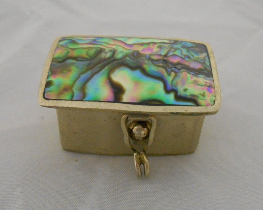 Sterling Silver Pill Box: Beautiful, small pill box with metalic rainbow top