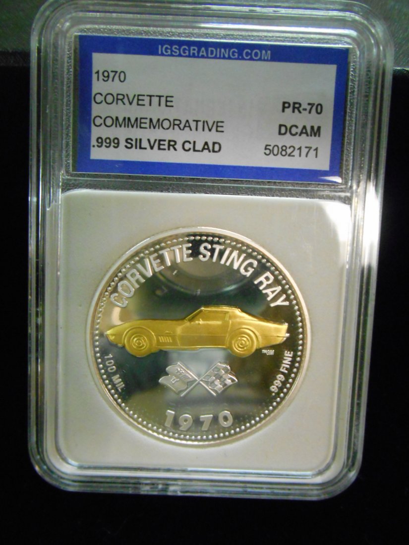 1970 Corvette Commemorative: 1970 Corvette Commemorative PR70 DCAM IGS. .999 Silver Clad