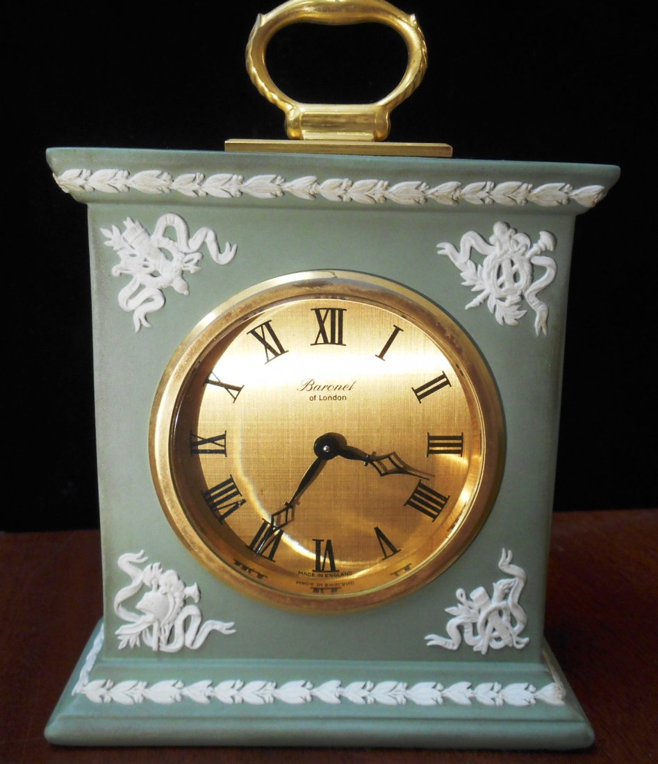 EARLY WEDGEWOOD GREEN JASPERWARE CLOCK: Beautiful Early Wedgwood Green Jasperware Clock measures 5 1/2" HallMarked on back Wedgewood England