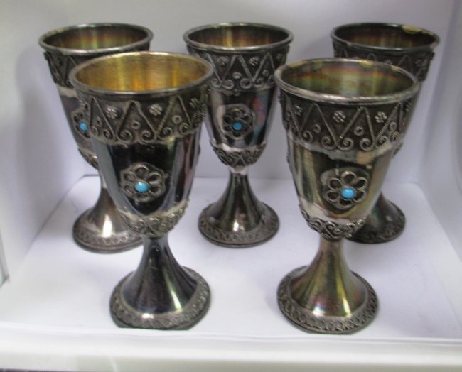 SET OF FIVE SILVER STANETZK ISRAEL KIDDUSH CUPS: All Kiddush Cups are stamped and Marked 925 Stanetzk Israel. Silver filigree pattern with stones each cup measures approx. 3\" Tall weights 3.395 Troy Oz.