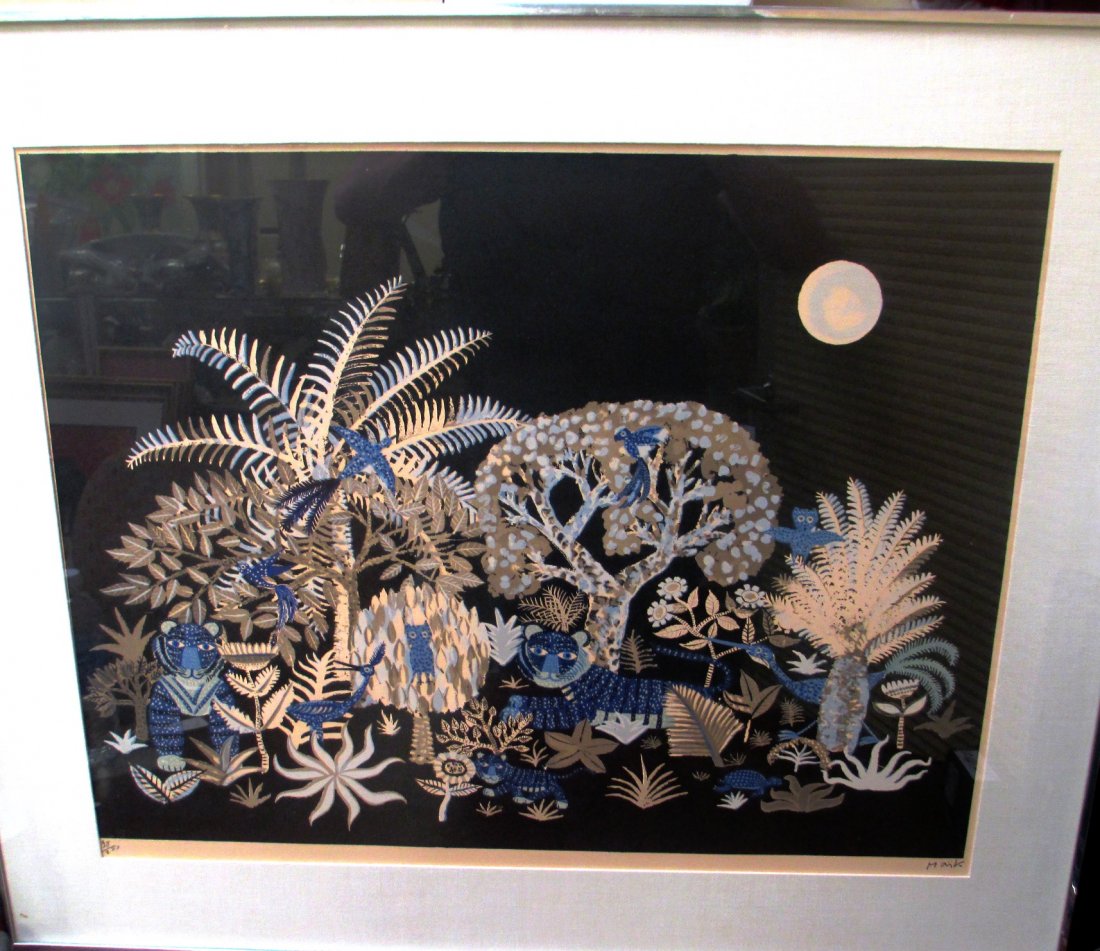HENRI MAIK FRENCH "BLUE TIGERS & BLUE BIRDS LITHOGRAPH: Henri Maik (1922-1993) French Lithograph Jungle Scene depicting Blue Tiger's and Several different Birds surrounded by Palm Trees, and other Foliage. Comes framed pencil signed Maik right hand corner 