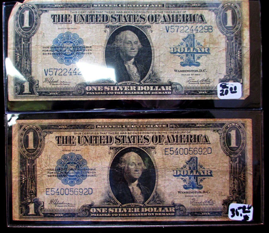 TWO UNITED STATES ONE DOLLAR BILLS DATED 1923: Two Large Dollar Silver Certificates from the series of 1923. Both Dollars are in Fair to Good Shape.