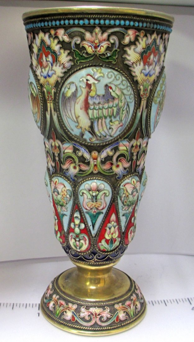 RUSSIAN ANTIQUE SILVER ENAMELED CHALICE: Stamped on Bottom 84 Silver Purity Mark dated 1894 with Maker's Mark and Hallmarked. The Chalice is detailed with Floral Scrolls and 5 different Panels of Birds followed by 8 different panels of Flowe