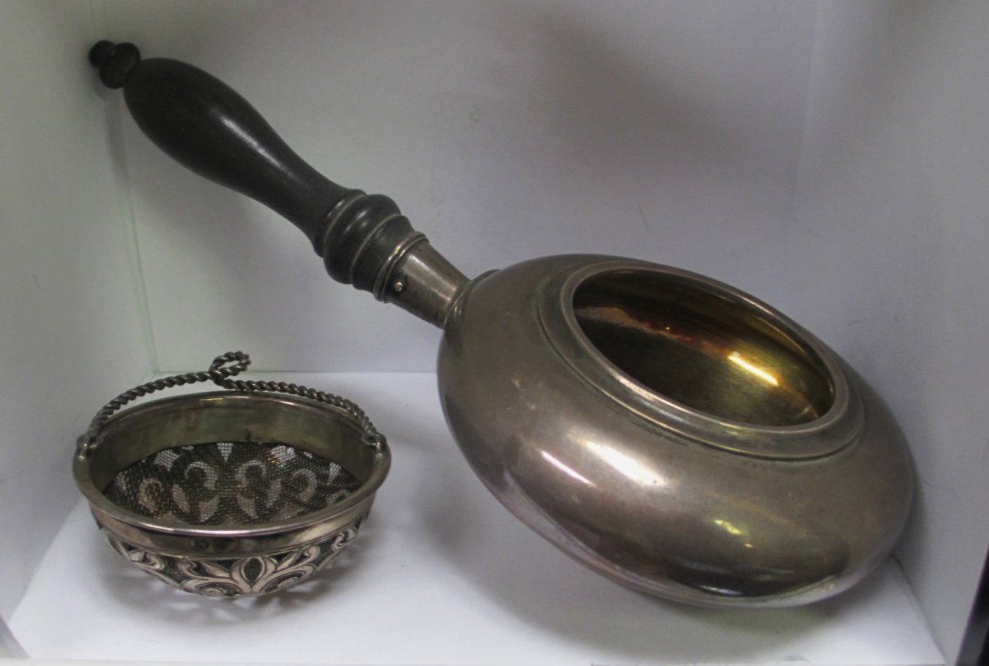RUSSIAN ANTIQUE SILVER TEA STRAINER HOLDER WOOD HANDLE: Russian Sterling Silver Tea Strainer & Sterling Silver Holder with Wood Handle. Holder is stamped 1888 has Maker's Marks, and Silver Purity 84 Mark plus Town Hall Marks. Holder measures 7 1/4" Long x