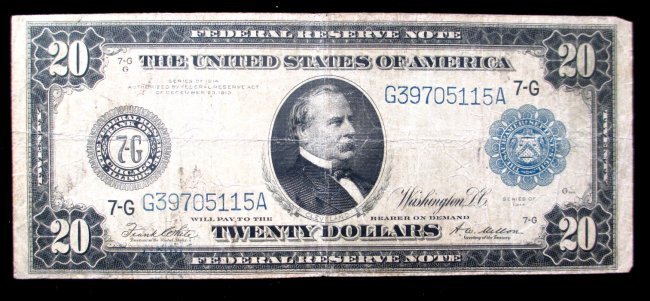 UNITED STATES TWENTY DOLLAR BILL SERIES OF 1914: U.S. Twenty Dollar Bill with image of Grover Cleveland from the series of 1914. Bill is in Good Condition