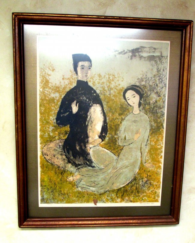 VU CAO DAM VIETNAMESE SIGNED AND NUMBERED LITHOGRAPH: Vu Cao Dam Vietnamese Artist (1908- 2000 ) Pencil Signed 42 of 150 Limited edition Colored Lithograph Signed Vu Cao Dam dated 1970. Paradise scene of Man and Woman enjoying Nature and the Beauty of Li