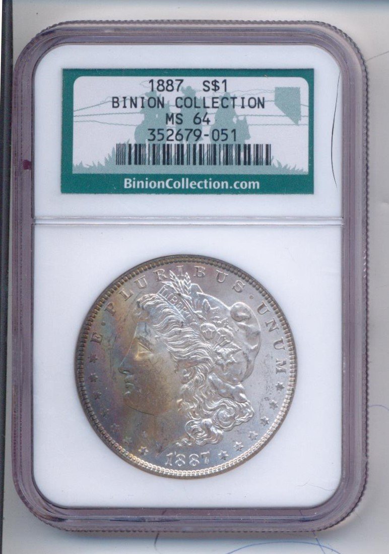 RARE 1887 MORGAN SILVER DOLLAR BINION COLLECTION MS 64: 1887 U.S MORGAN SILVER DOLLAR BINION COLLECTION MS 64 This coin is graded and guaranteed as being MS-64 by NGC and being a part of the Binion Collection. TONED PATINA COIN