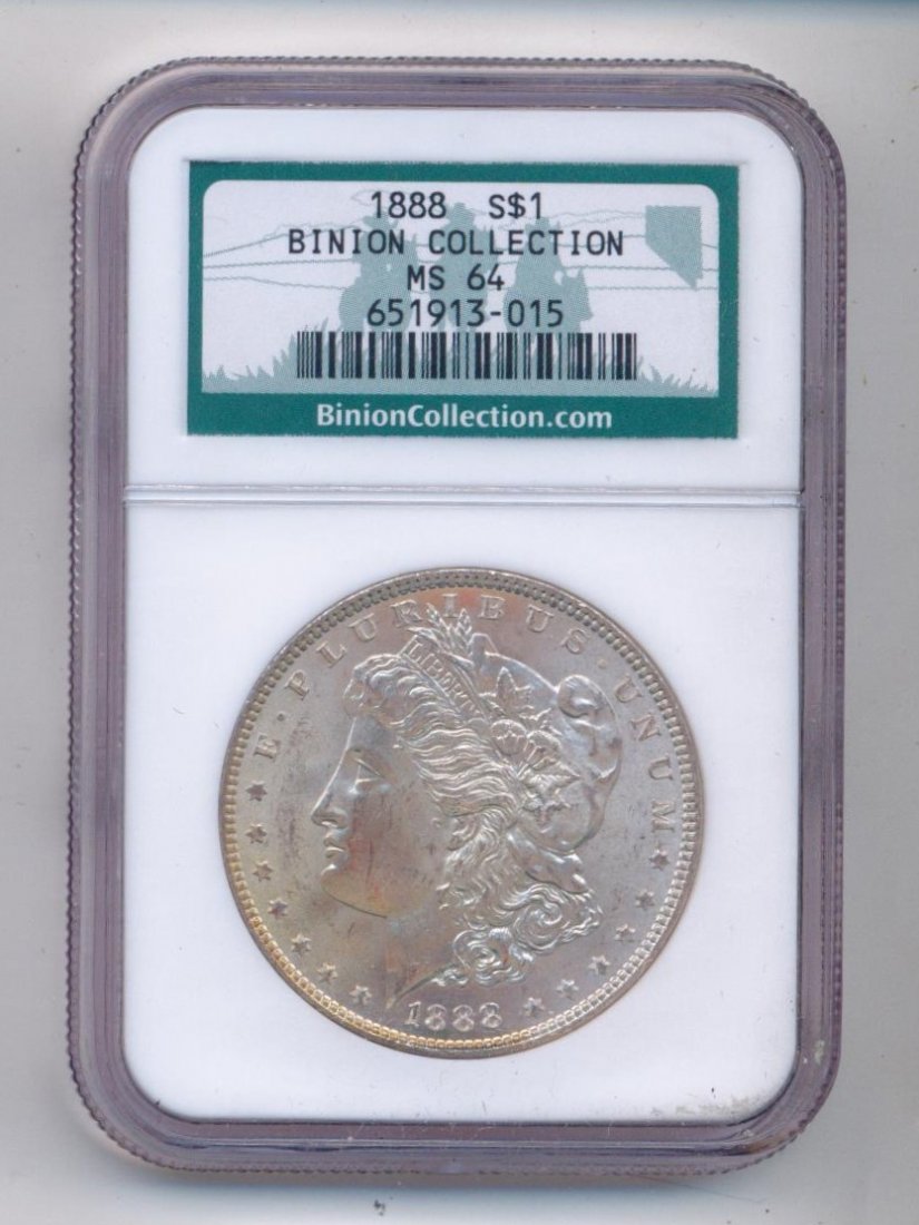 RARE 1888 MORGAN SILVER DOLLAR BINION COLLECTION: 1888 U.S MORGAN SILVER DOLLAR BINION COLLECTION MS 64 This coin is graded and guaranteed as being MS-64 by NGC and being a part of the Binion Collection. TONED PATINA BEAUTIFUL COLOR.