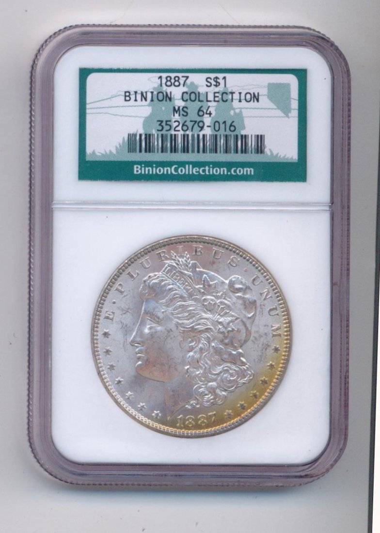 RARE 1887 MORGAN SILVER DOLLAR BINION COLLECTION MS 64: RARE 1887 MORGAN SILVER DOLLAR BINION COLLECTION MS 64 BEAUTIFUL PATINA NICELY TONED COIN.