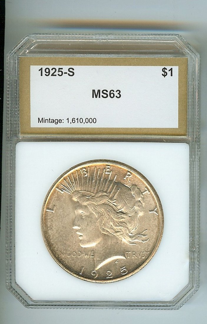 RARE 1925-S U.S. PEACE SILVER DOLLAR GRADED MS-63: 1925-S U.S. PEACE SILVER DOLLAR GRADED MS-63