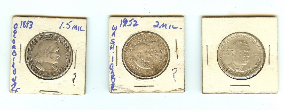 LOT OF THREE COMMEMORATIVE SILVER HALF DOLLARS: The Lot of Three includes 1893 Colombian Half Dollar XF / AU Grade1952 George Washington Carver Silver Half Dollar XF / AU Grade and1946 Booker T. Washington Silver Half Dollar XF / AU