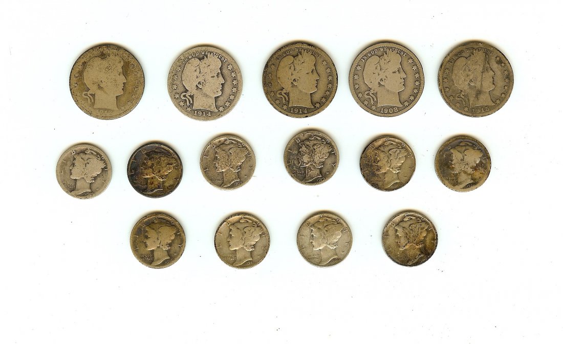 15 MIXED SILVER 5 BARBER QUARTERS & 15 MERCURY DIMES: 15 MIXED SILVER 5 BARBER QUARTERS & 15 MERCURY DIMES