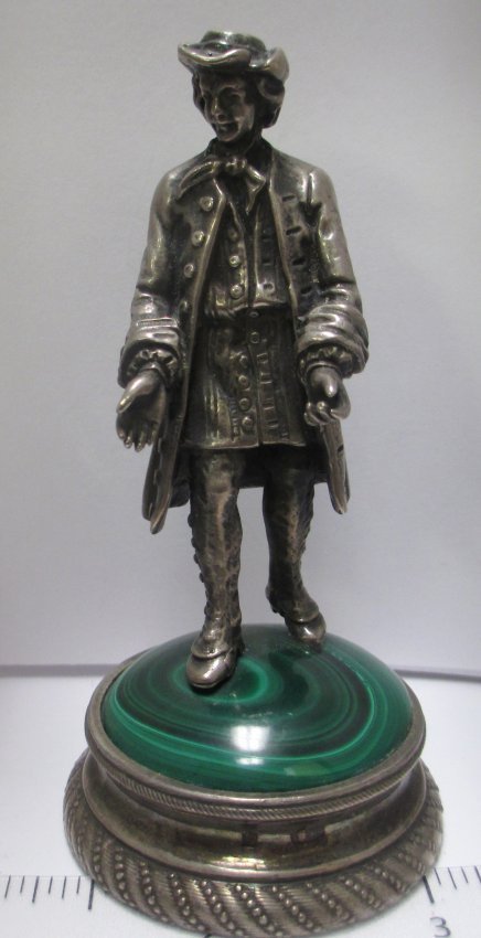 RUSSIAN SILVER STATUE OF SOLDIER ON JADE BASE: Stamped with Maker's Mark and 88 Silver Purity Mark weights 5.125 ozt measures 3 3/4" Tall