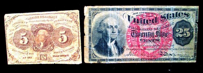 TWO U.S. FRACTIONAL CURRENCY 25 CENT & 5 CENT POSTAGE: Fractional Twenty Five Cents Treasury Note & Very Rare Five Cent Postage Currency