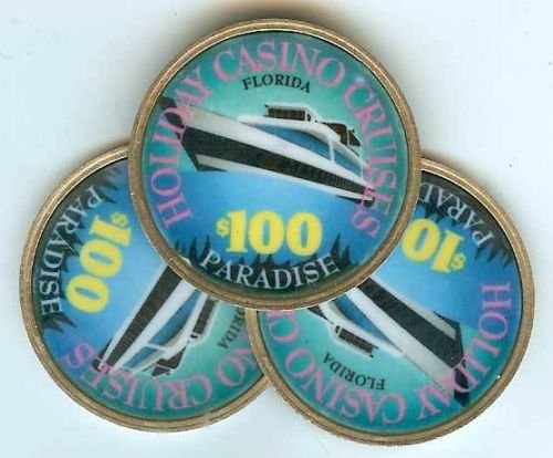 Set of 9 Holiday Casino Cruise Ship 3 $100 Clay Chips,: Holiday Casino Cruises (Now defunct "AKA Sun Cruz", chips are very rare in the market palace) Denomination: $100, $25, & $5 (Set of 9) Design: Obverse and reverse are as photographed and are the same 