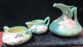 THREE ROSEVILLE POTTERY PITCHER, SUGAR BOWL, & CREAMER (1 of 7)
