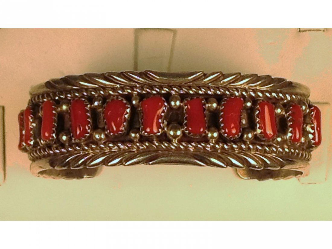 Indian Sterling Cuff Bracelet W/ 18 Inset Coral stones. (1 of 3)