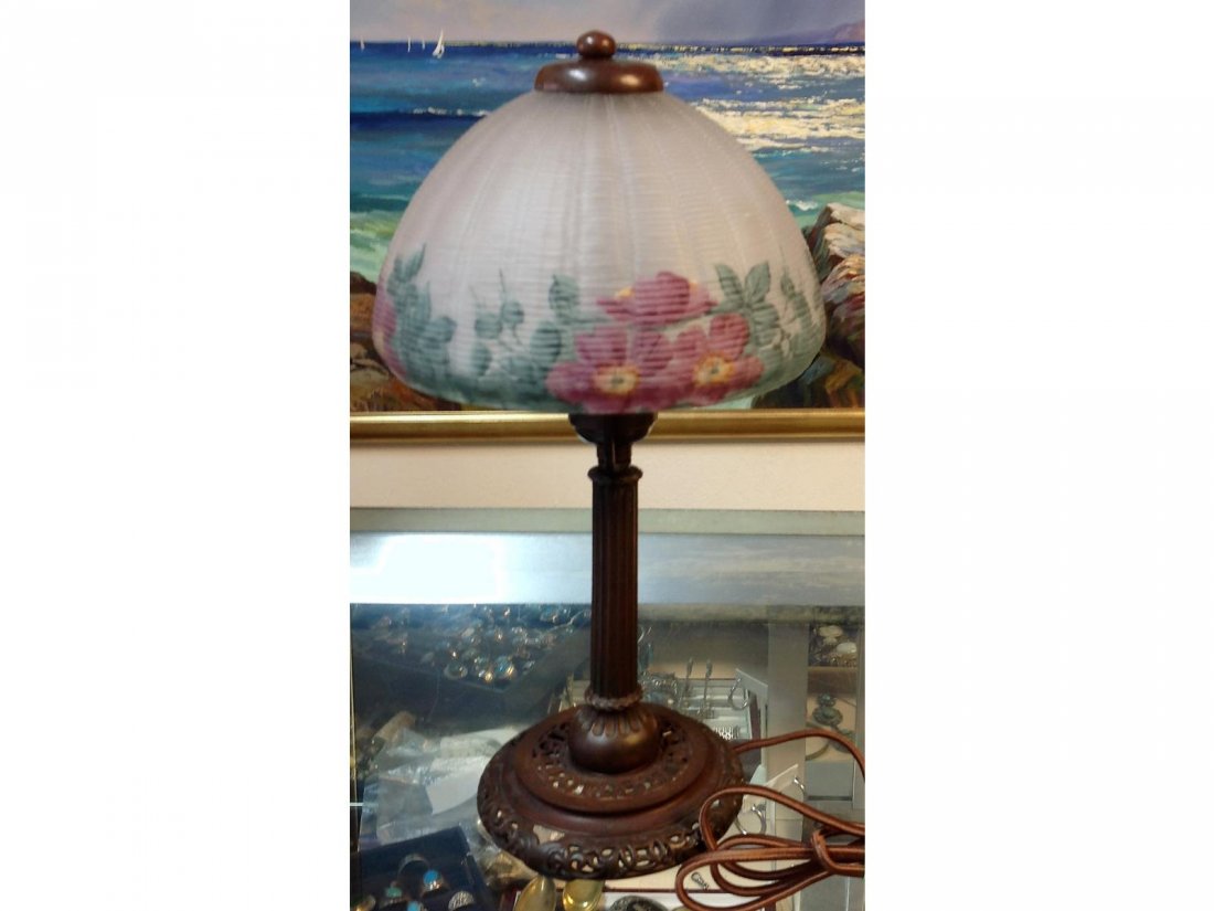 Floral Reverse Painted Lamp Stamped Handel base & sgd. (1 of 4)