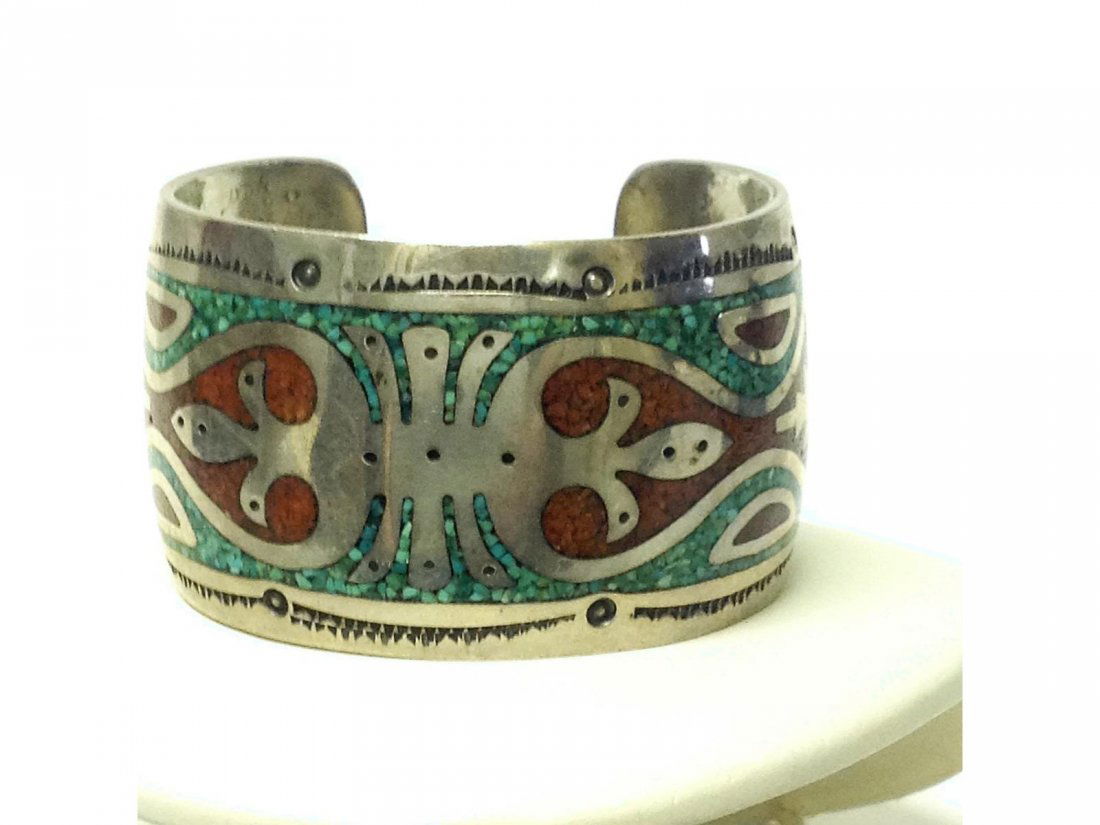 Indian Silver Turquoise and Coral inlaid Sgd JTS Silver (1 of 4)