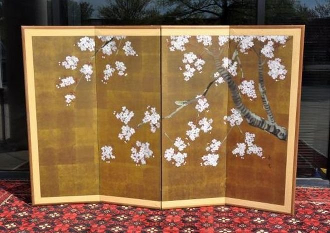 JAPANESE HAND PAINTED DECORATIVE SCREEN: GORGEOUS JAPANESE DECORATIVE SCREEN WITH HAND PAINTED DEPICTIONS OF WHITE CHERRY BLOSSOMS AND A BIRD SITTING ON A BRANCH. BACK OF SCREEN HAS A SMALL TEAR, OTHERWISE IT IS IN EXCELLENT CONDITION. MEASU