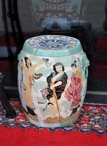 OVERGLAZED CERAMIC CHINESEGARDEN STOOL: GORGEOUS OVERGLAZED CERAMIC CHINESE GARDEN STOOL WITH HAND PAINTED IMPERIAL FIGURES SCROLL AND SHOU SYMBOL ON TOP. BEAUTIFUL PIECE. IT MEASURES APPROX. 16" TALL.