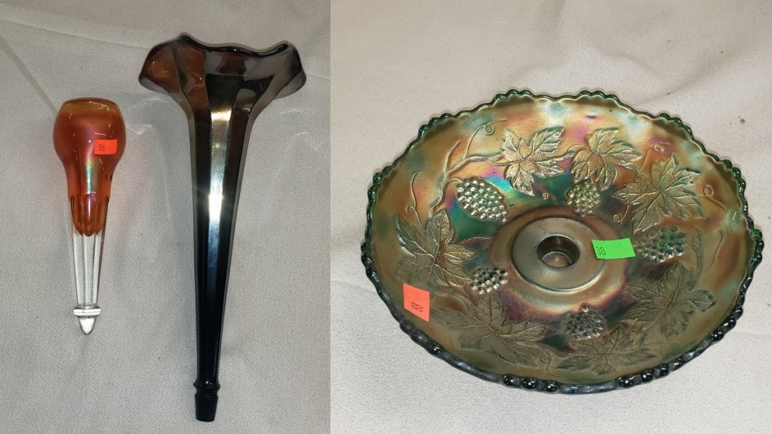 Fenton Carnival Glass Epergne Base, flutes: Fenton "Vintage" Green Carnival Glass Epergne Vase Base, Purple and Marigold Carnival Glass Epergne Flutes