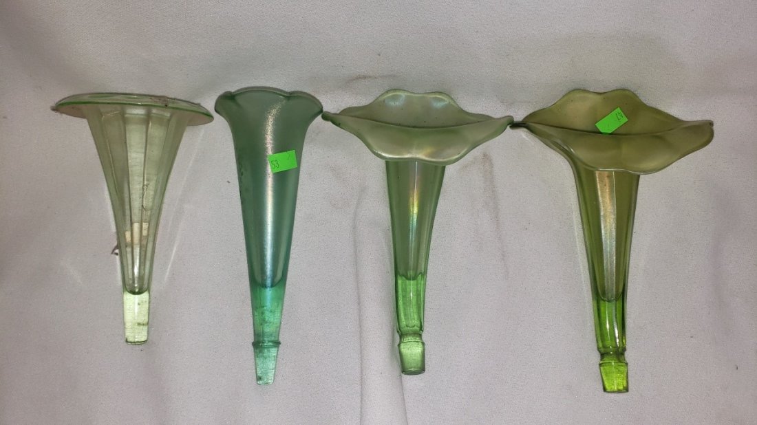 Green Carnival Glass Epergne Flutes: Green Carnival Glass Epergne Flutes