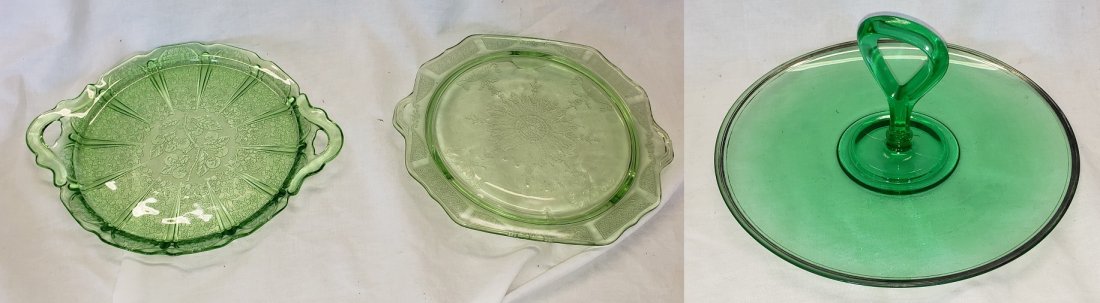 Green Depression Glass Tidbit Tray, Cake Plates: Green Depression Glass Tidbit Tray, Jeannette Cherry Blossom Green Depression Glass 2 Handled Cake Plate, Green Depression Glass "Princess" Cake Plate