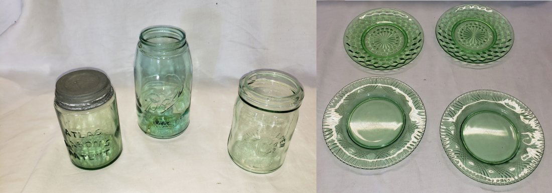 Green Glass Canning Jars, Plates: Green Glass Atlas, Ball and Canton Glass Canning Jars, 4 Green Depression Glass Plates