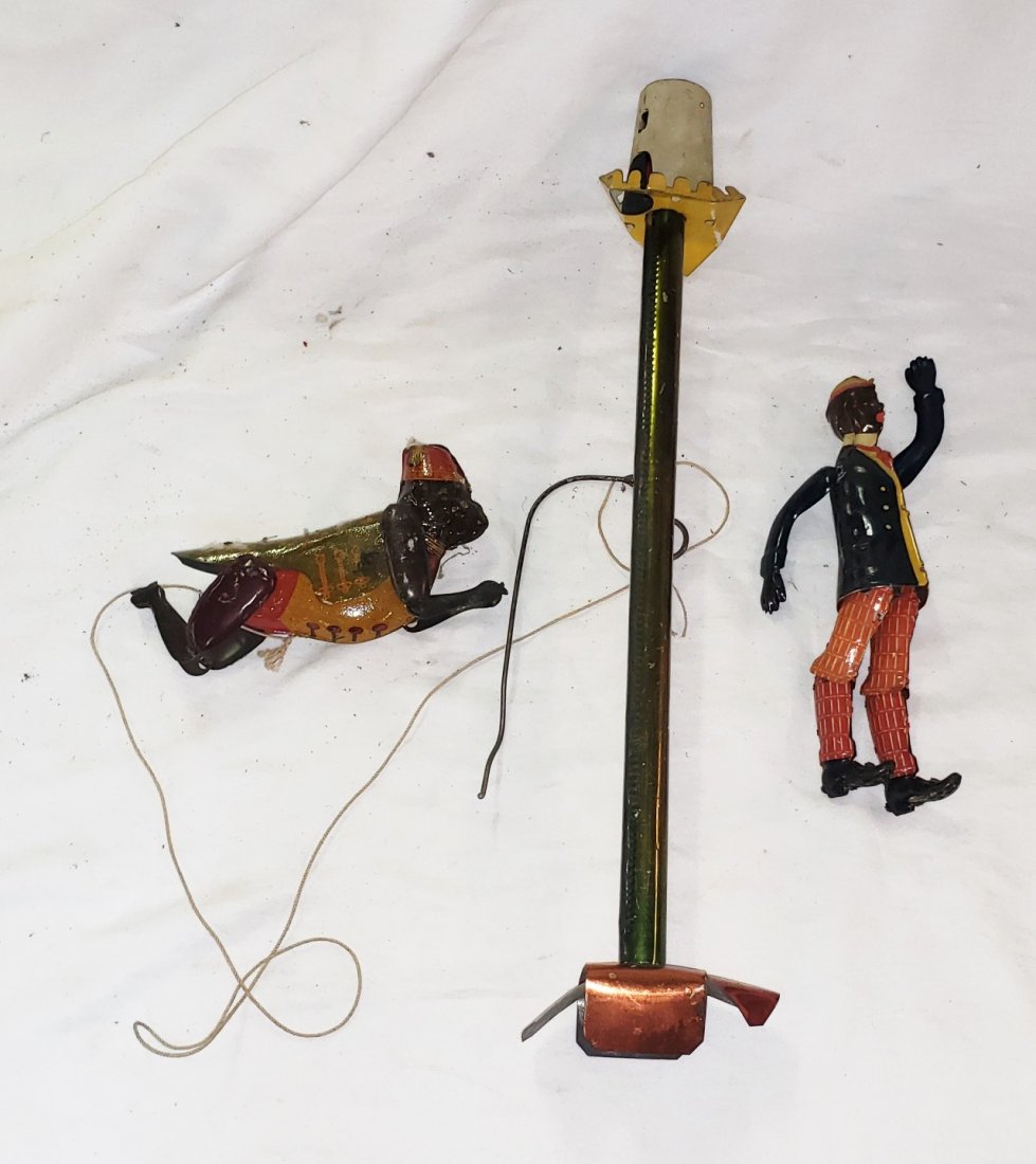 Vintage Black Americana Tin Litho Dancing Man, Monkey: Vintage Black Americana Tin Litho Dancing Man, Vintage Tin Litho Climbing Monkey and Pole