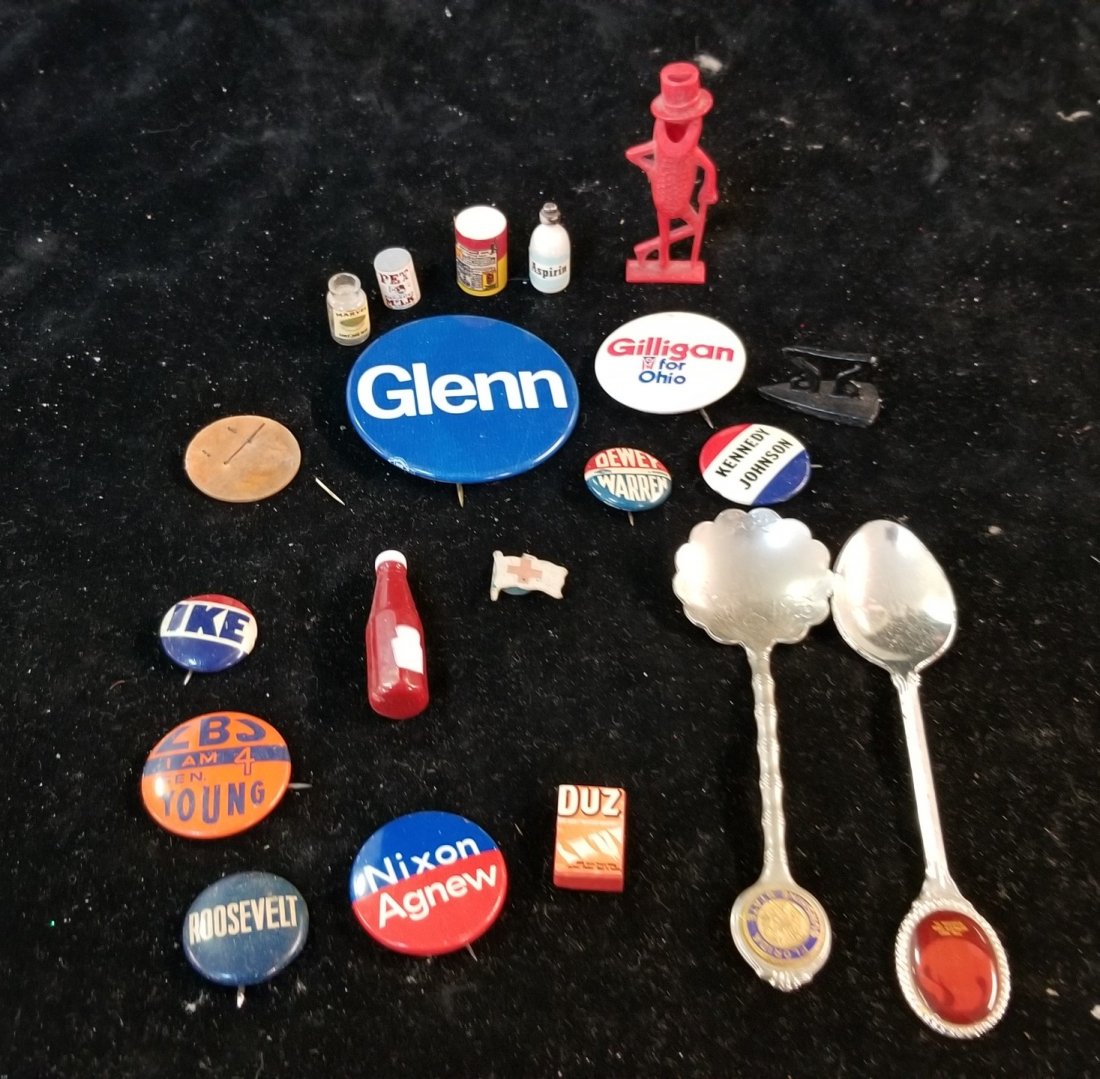 Political Buttons, Mr Peanuts Whistle, Miniatures: Political Buttons (Nixon/Agnew, Roosevelt, Kennedy/Johnson, Dewey/Warren, Glenn, Gilligan, Young, IKE) Mr Peanut Whistle, Miniatures, Souvenir Spoons