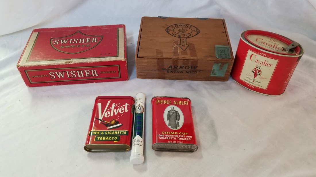 Tobacco Advertising: Swisher Sweets and Arrow Mild Cigar Advertising Boxes, Cavalier Tobacco, Robert Burns, Velvet and Prince Albert Advertising Cans
