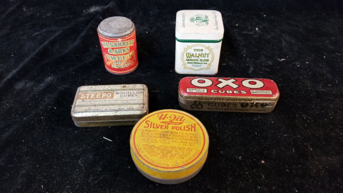 Advertising Tins: Advertising Tins (Steero Boullion Cubes, OXO Cubes, U-Zit Silver Polish, W.E. Garrett & Sons Sweet Snuff, The Walnut Aromatic Blend)