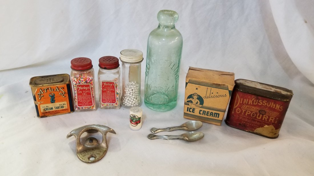 Advertising Tins: Vintage Coca Cola Bottle Opener, City Bottling Works Toledo Ohio, Ice Cream Spoons, Atlas Cream of Tarter Adv Tin, Farley's Sprinkles Adv Bottles, Pinkussons Potpourri Smoking Tobacco Advertising
