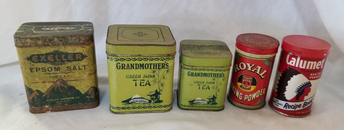 Advertising Tins: Advertising Tins (Exeller Epsom Salt, Grandmother's Green Japan Tea, Royal Baking Powder, Calumet Baking Powder)