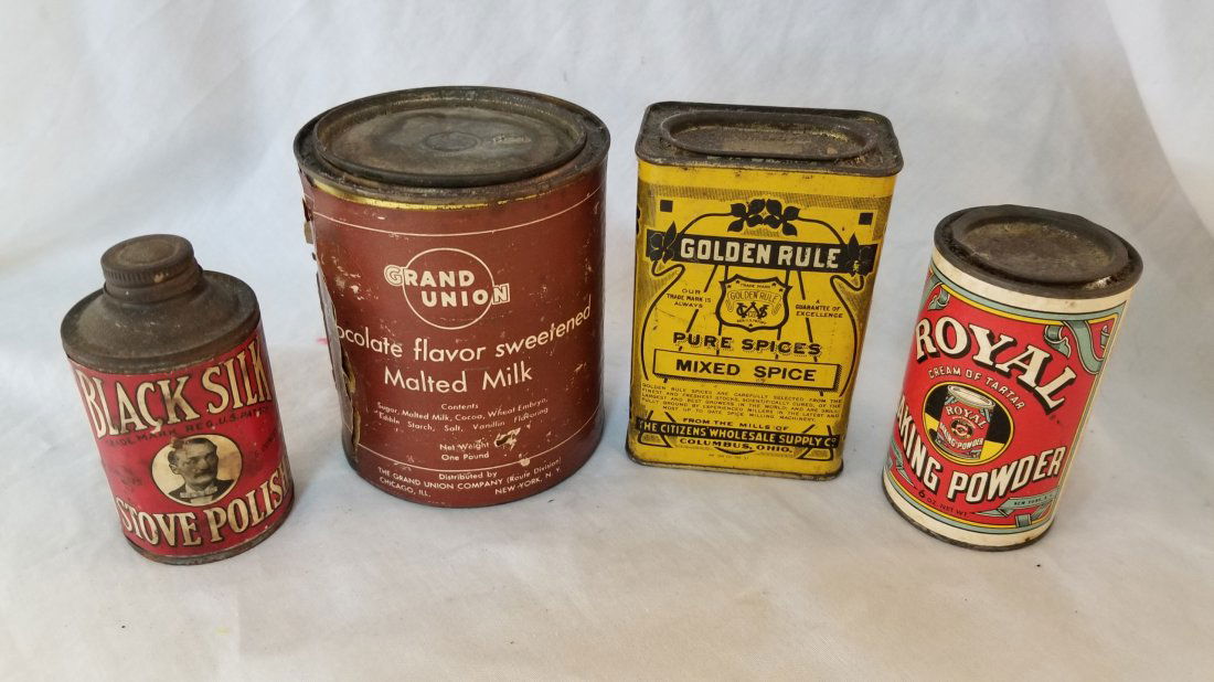 Advertising Tins: Black Silk Stove Polish, Grand Union Chocolate Flavor Sweetened Malted Milk, Golden Rule Mixed Spice, Royal Baking Powder Advertising Tins