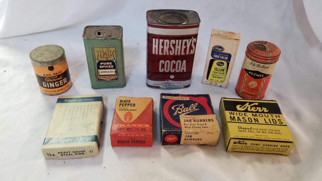 Advertising Tins and Boxes: Ann Page Ginger, H&H Cinnamon, Hershey's Cocoa, WM Ness's Nutmeg, Kroger Food Coloring, Kerr Wide Mouth Mason Lids, Ball Jar Rubbers, Frank's Black Peppercorns, Heavy Gauge Steel Pins Advertising Tins