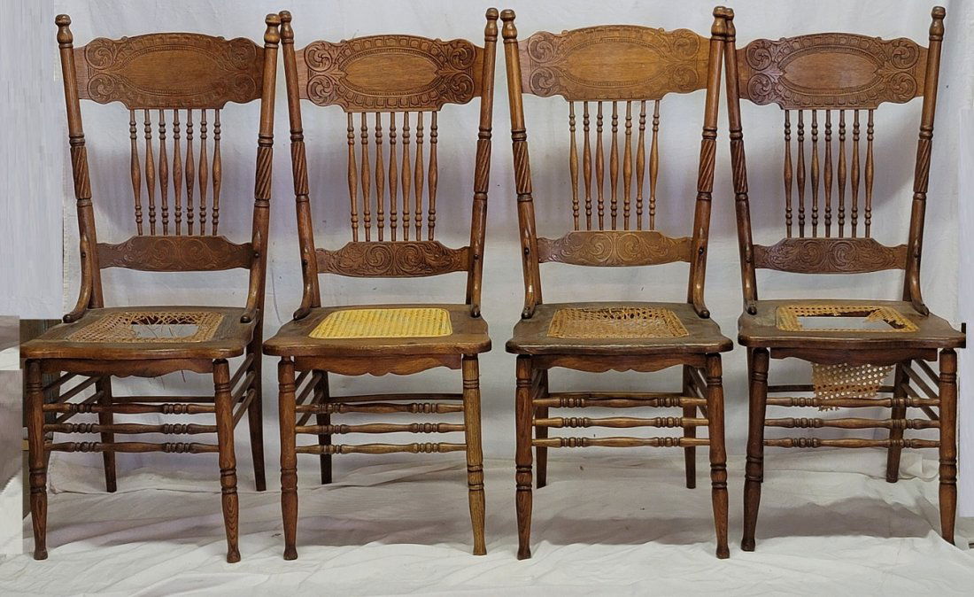 4 Oak Cane Bottom Pressed Back Chairs: 4 Oak Cane Bottom Pressed Back Chairs