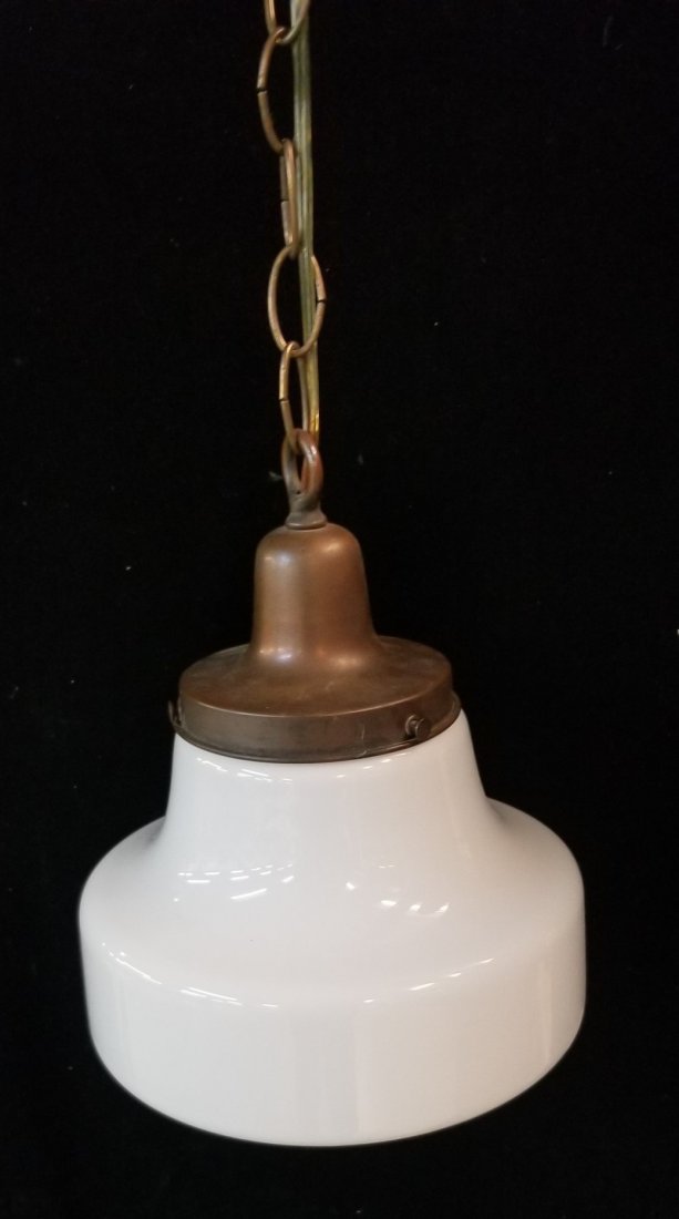 Vintage Copper and Milk Glass Schoolhouse Pendant Light: Vintage Copper and Milk Glass Schoolhouse Pendant Light 9"W