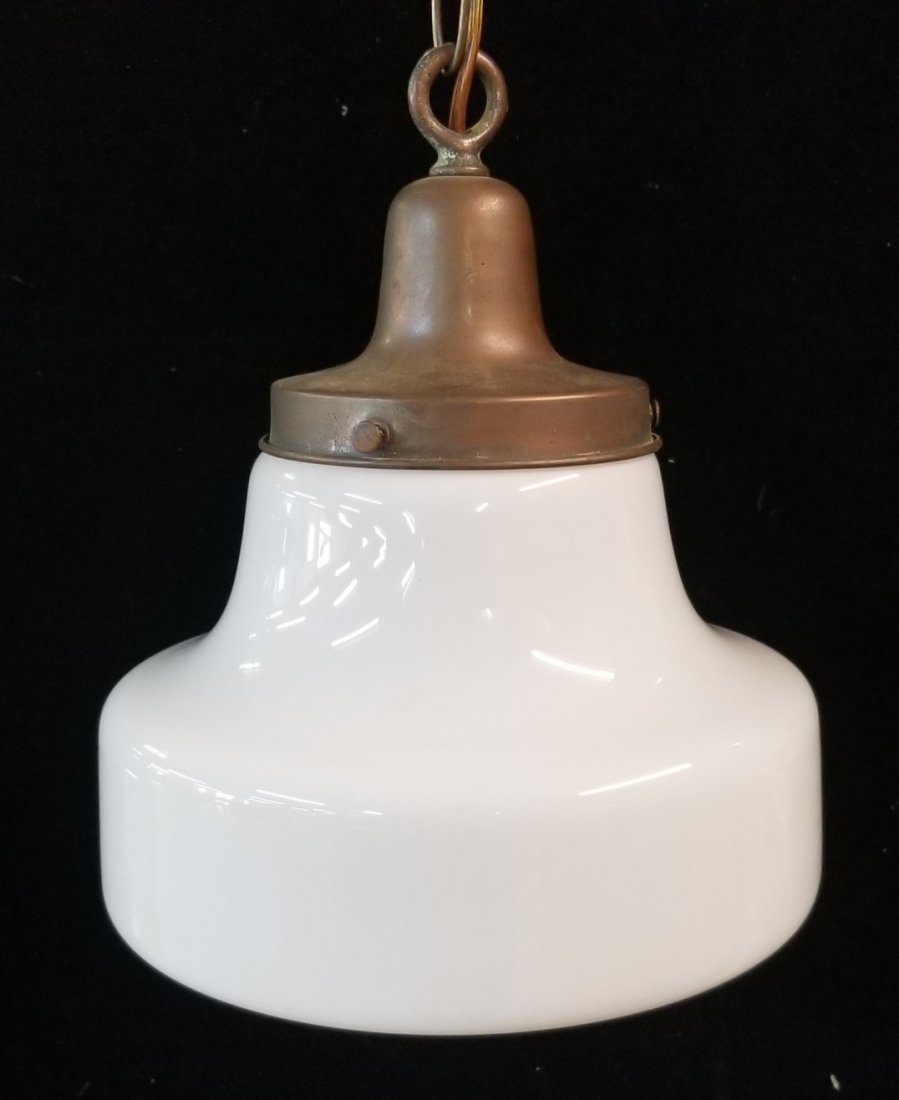 Vintage Copper and Milk Glass Schoolhouse Pendant Light: Vintage Copper and Milk Glass Schoolhouse Pendant Light 9"W