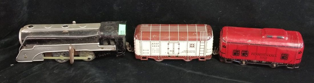 Haefner Trains Engine, Tender Car, Caboose: Haefner Trains Engine #1010 (8"), ATSF Tender Car #4825 (5"), Pennsylvania Red Caboose #81932 (5")