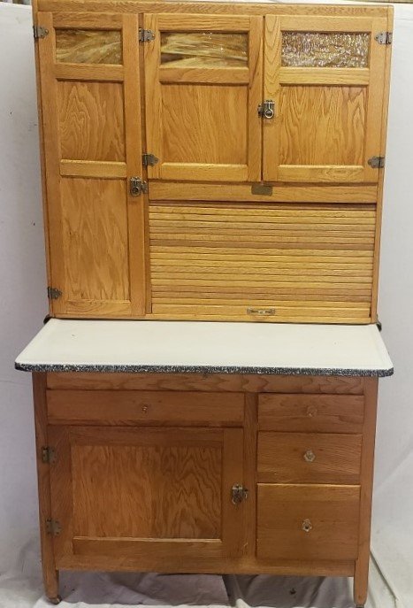 Oak Porcelain Top Sellers Cabinet with Brown Slag Glass: Oak Porcelain Top Sellers Cabinet with Brown Slag Glass, Glass Pulls and Sneath Glass Canisters 27"D x 69.5"H x 40.5"W