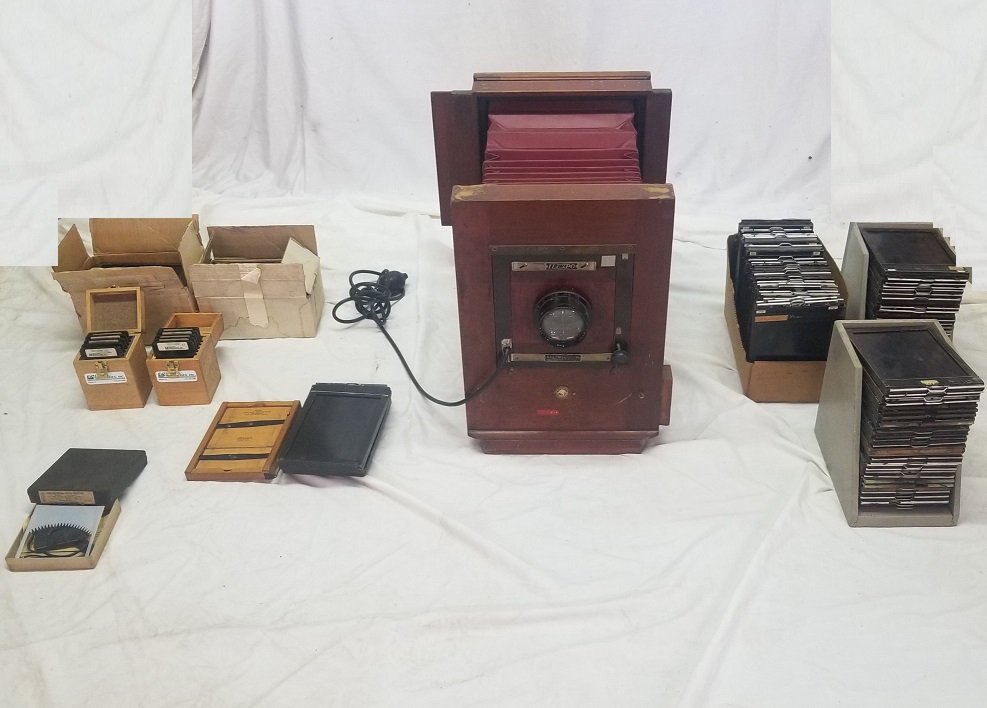 Antique Ilexpo Centruy No 7 Studio Camera, Accessories: Antique Ilexpo Centruy No 7 Studio Camera with Reversible Adapter Back, Negatives, Kodak Printing Frame, Packard Shutter