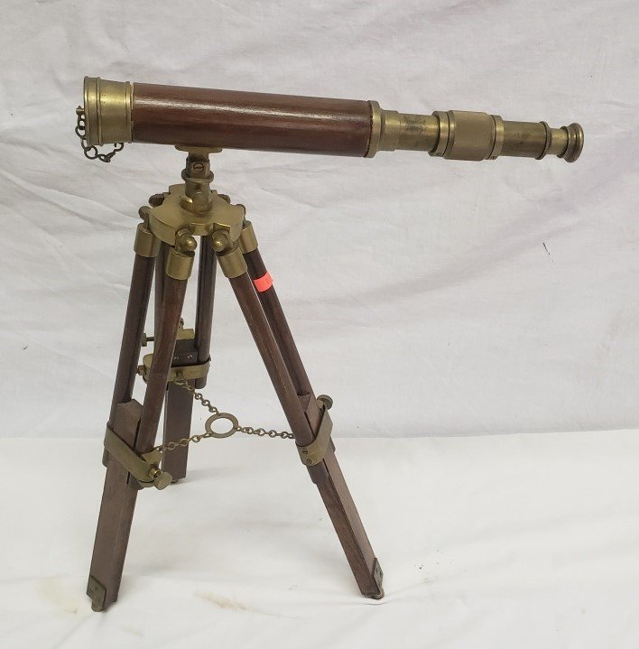 Brass and Wood Telescope with Tripod 20"H x 15"L: Brass and Wood Telescope with Tripod 20"H x 15"L