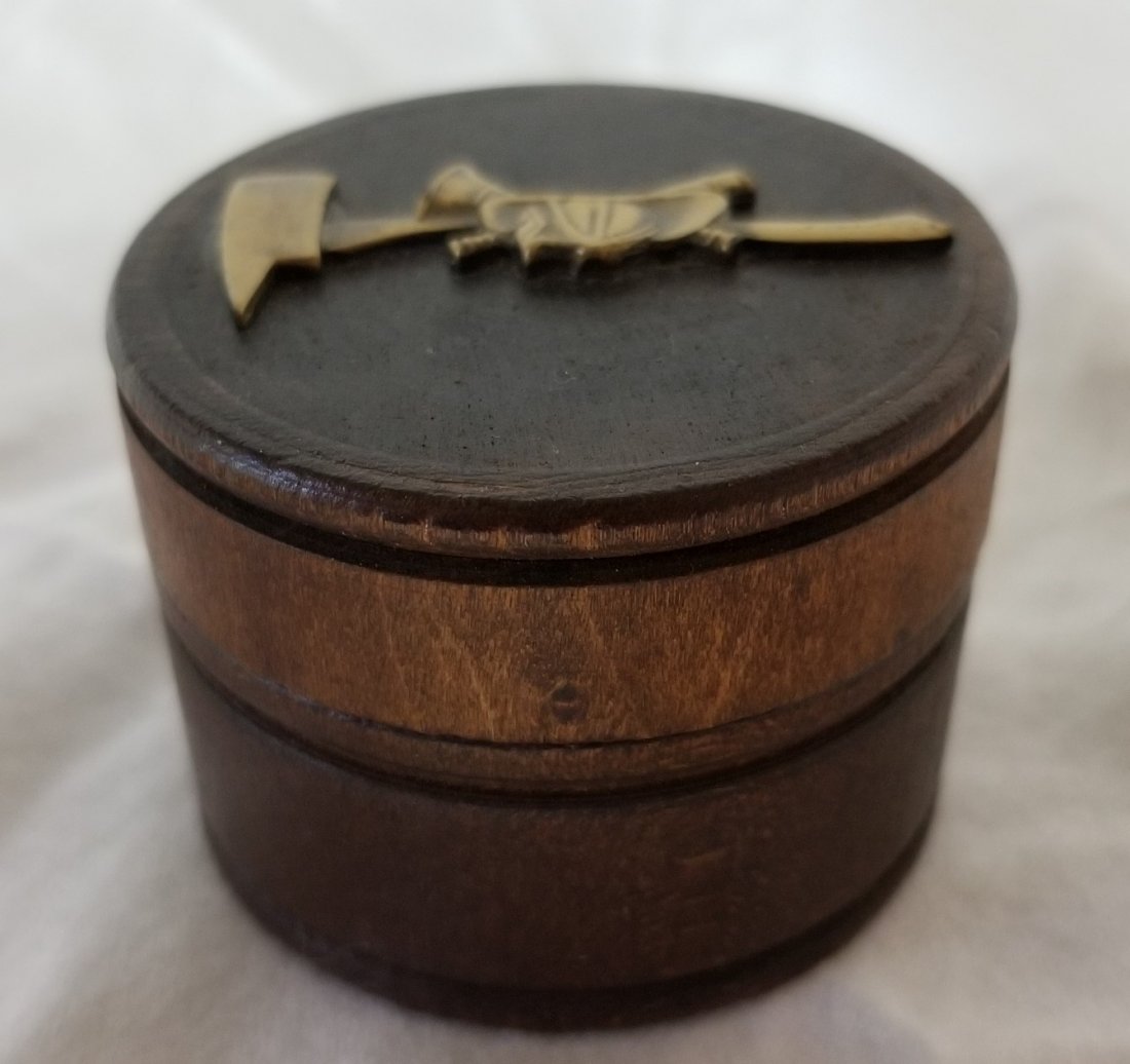 Fireman's Wood Trinket Box: Fireman's Wood Trinket Box with Fire Helmet and Axe 1.5"H x 2"