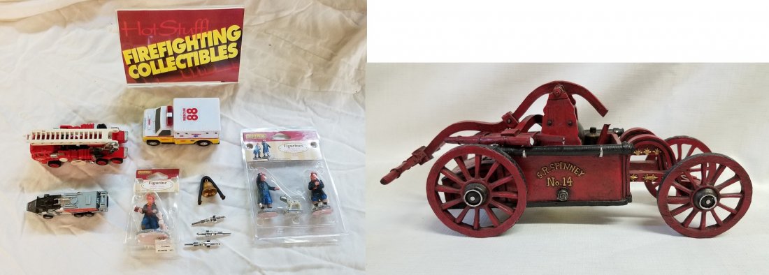 Matchbox, Hasbro and Tonka Rescue Vehicles, Figurines: Matchbox, Hasbro and Tonka Rescue Vehicles, Lemax Firefighter Figurines, Advertising Sign, S.R. Spinney No. 14 Pumper Wagon (Piece Broken Off)