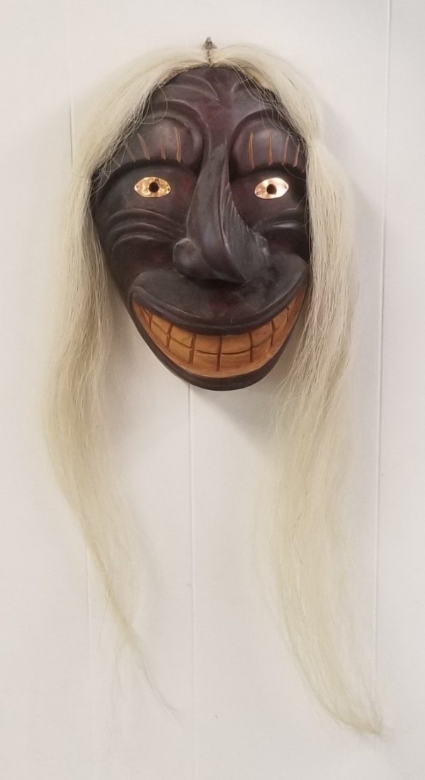 Broken Nose with Teeth Carved Mask by John Elliott: Broken Nose with Teeth Carved False Face by John Elliott Six Nations 11"L x 8"W