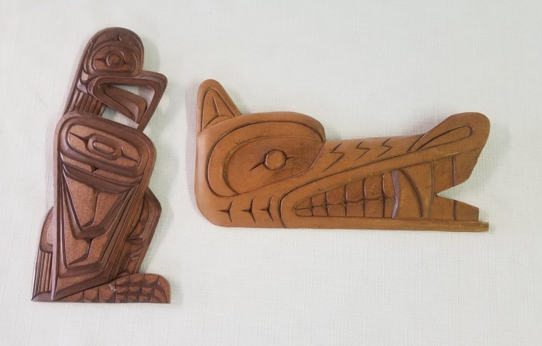 2 Northeast Coast Indian Carved Wood Wall Hangings: Northwest Coast Indian Signed Carved Bald Eagle Wall Hanging 8.5"L x 4"W and Wood Carved Native Wolf 8" x 4.5" Delmar Joseph
