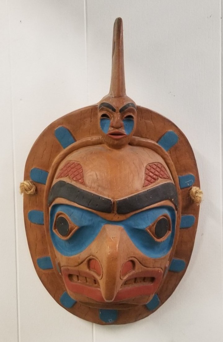 Carved Wood Hawk Headpiece Kwakiutl B.C Signed J. Wolf: Carved Wood Hawk Headpiece Kwakiutl B.C Signed J. Wolf 15"L x 9"W